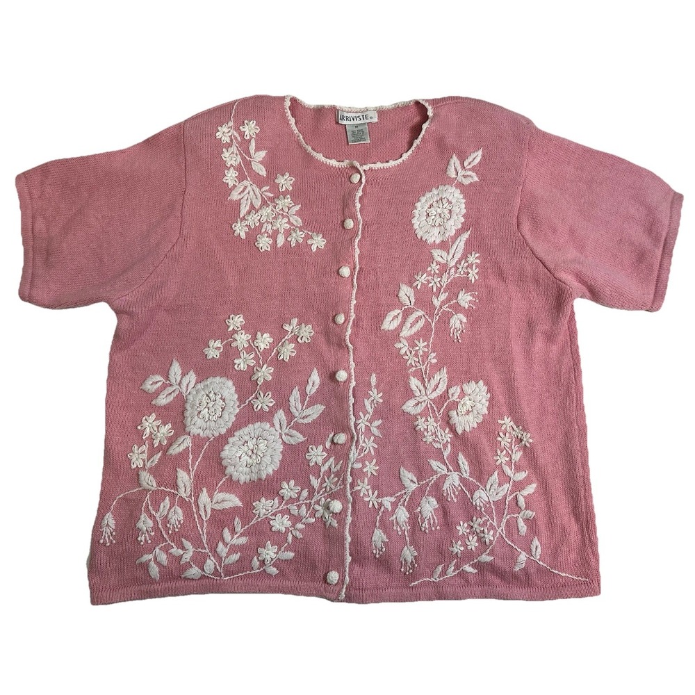 Arriviste Women Floral‎ Embroidered Pink Short Sleeve Cardigan Sweater MEDIUM